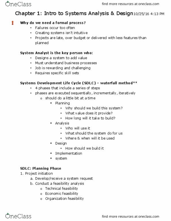 MISY430 Lecture Notes - Lecture 1: Systems Development Life Cycle, Rapid Application Development, Waterfall Model thumbnail