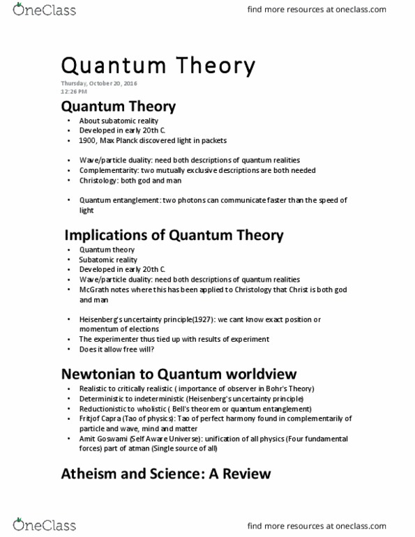 PHIL 204 Lecture Notes - Lecture 20: Quantum Entanglement, Fundamental Interaction, Richard Dawkins thumbnail