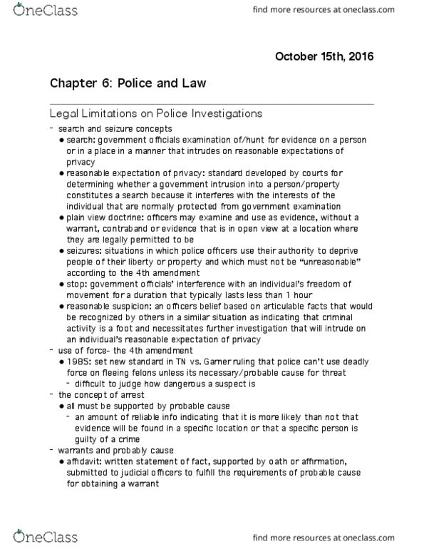 CRIM 1100 Chapter Notes - Chapter 6: Plain View Doctrine, Fourth Amendment To The United States Constitution, Exclusionary Rule thumbnail