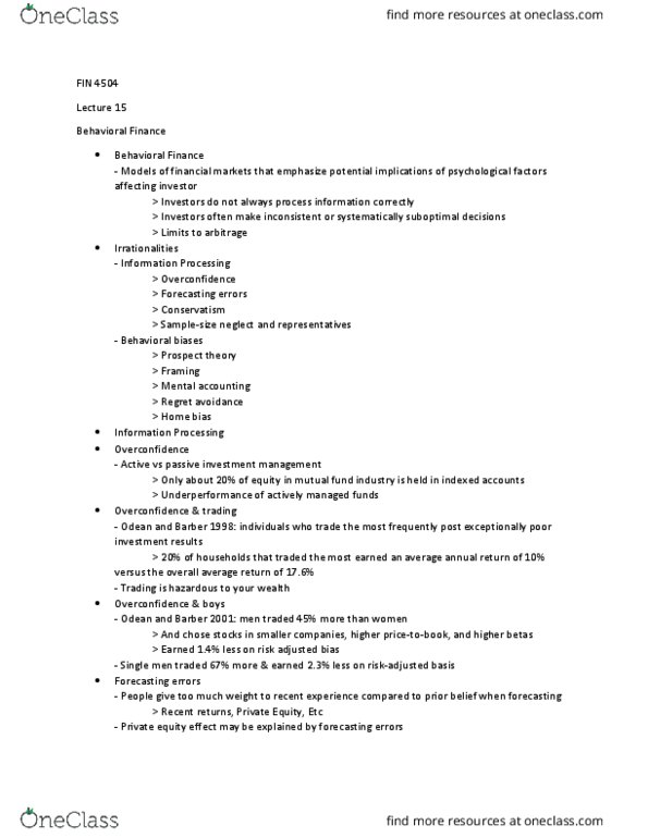 FIN 4504 Lecture Notes - Lecture 15: Private Equity, Prospect Theory, Mental Accounting thumbnail