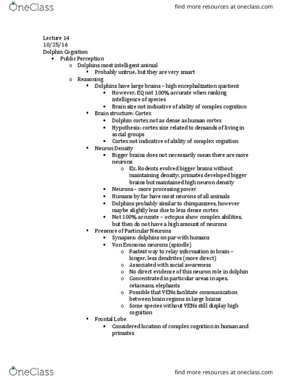 MSC 350 Lecture Notes - Lecture 14: Encephalization Quotient, Frontal Lobe, Episodic Memory thumbnail