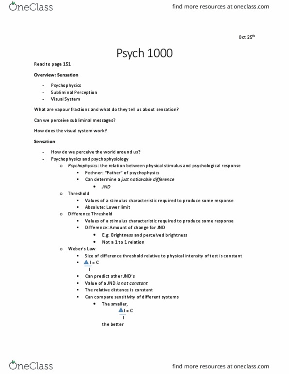 Psychology 1000 Lecture Notes - Lecture 14: Subliminal Stimuli, Psychophysics, Psychophysiology thumbnail