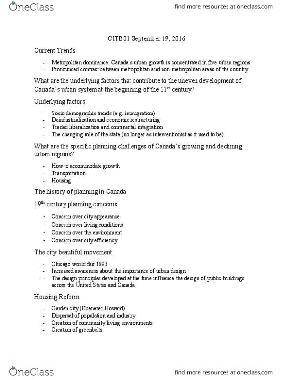 CITB01H3 Lecture Notes - Lecture 3: City Beautiful Movement, Urban Design, Deindustrialization thumbnail