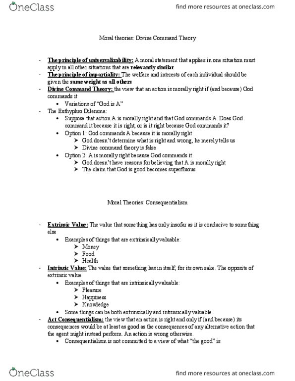 PHI-2630 Lecture Notes - Lecture 4: Consequentialism, Divine Command Theory, Universalizability thumbnail