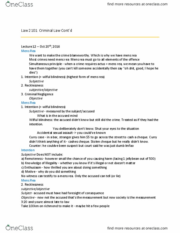 Law 2101 Lecture Notes - Lecture 12: Criminal Negligence, Mens Rea, Lmfao thumbnail