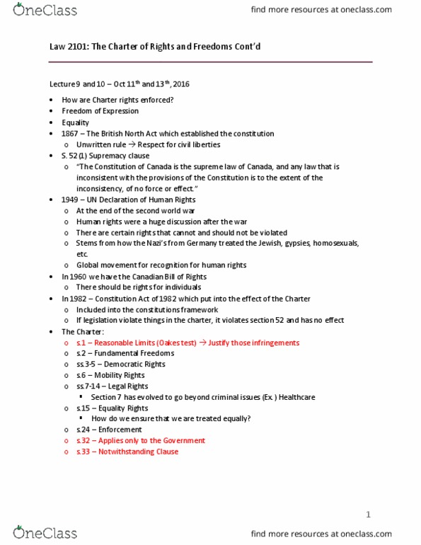 Law 2101 Lecture Notes - Lecture 9: Section 33 Of The Canadian Charter Of Rights And Freedoms, Supremacy Clause, Equal Protection Clause thumbnail