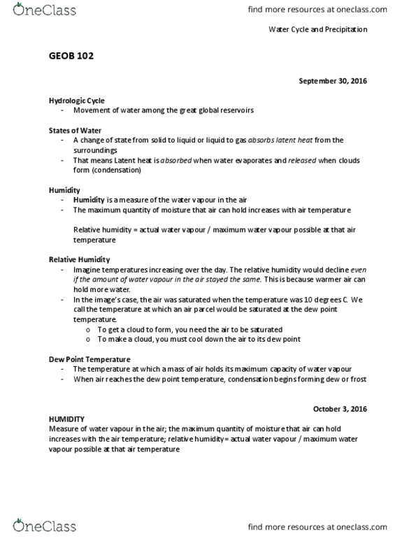 GEOB 102 Lecture Notes - Lecture 8: Cloud Condensation Nuclei, Fluid Parcel, Vapor Pressure thumbnail