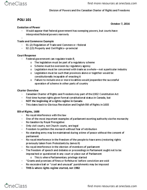 POLI 101 Lecture Notes - Lecture 11: Section 33 Of The Canadian Charter Of Rights And Freedoms, Freedos, Parliamentary Privilege thumbnail