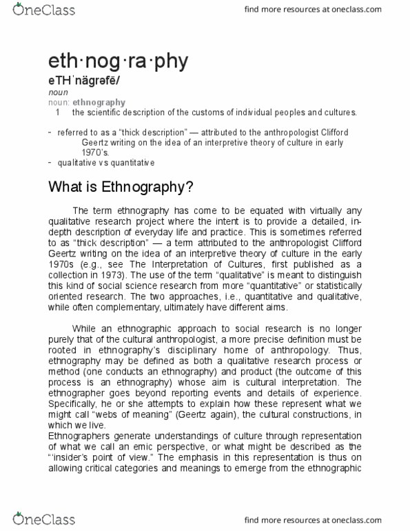 Sociology 1021E Lecture Notes - Lecture 3: Clifford Geertz, Ethnography, Thick Description thumbnail