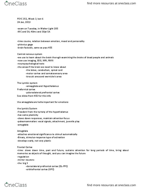 PSYC 351 Lecture Notes - Lecture 6: Anterior Cingulate Cortex, Orbitofrontal Cortex, Mirror Neuron thumbnail