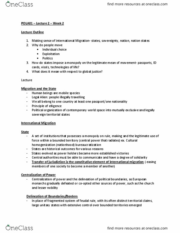 POLA01H3 Lecture Notes - Lecture 2: Absolute Monarchy, Cultural Homogenization, Nationstates thumbnail