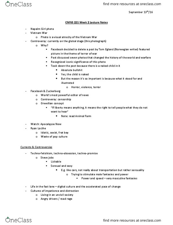 CMNS 221 Lecture Notes - Lecture 2: Phan Thi Kim Phuc, Road Rage, Dystopia thumbnail