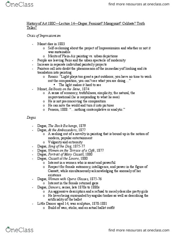 HISTART 180C Lecture Notes - Lecture 14: Wax Sculpture, Edgar Degas, Monotyping thumbnail