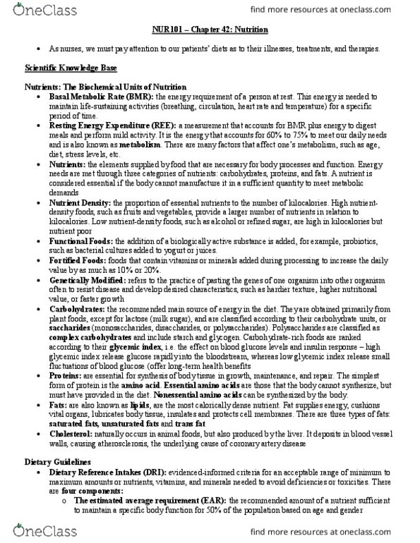 Nursing NUR101 Chapter Notes - Chapter 42: Dietary Reference Intake, Resting Metabolic Rate, Trans Fat thumbnail