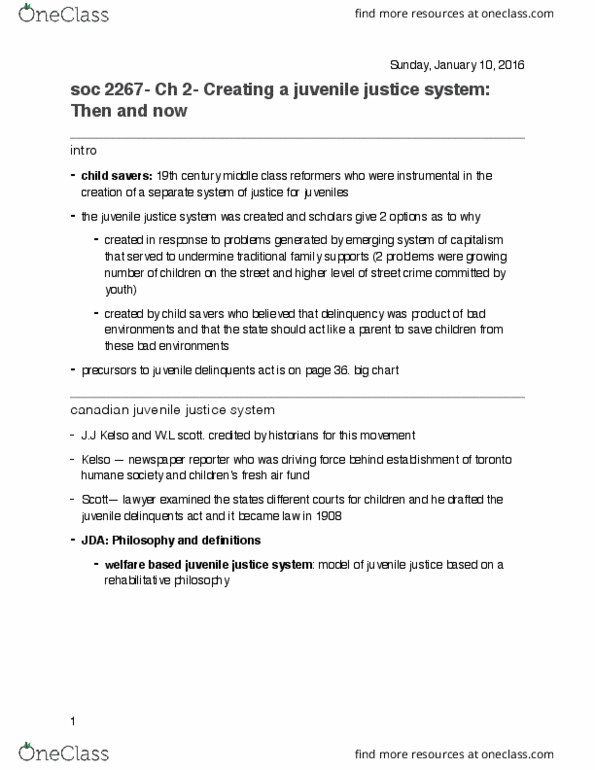 Sociology 2267A/B Chapter Notes - Chapter 2: Youth Criminal Justice Act, Parens Patriae, Juvenile Court thumbnail