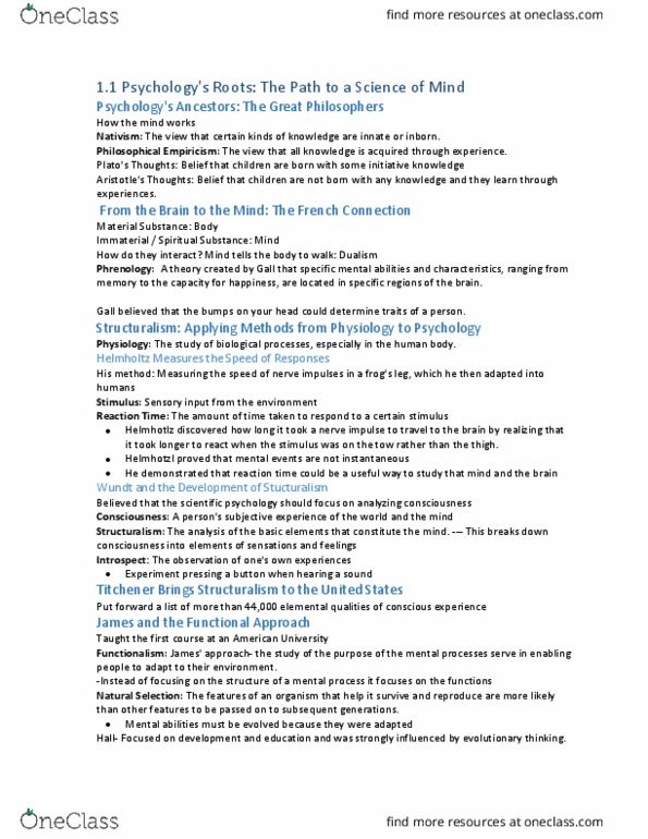 PSYO 111 Chapter Notes - Chapter 1: Hermann Von Helmholtz, Jean Pierre Flourens, Wilhelm Wundt thumbnail