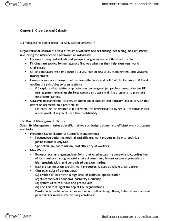Management and Organizational Studies 2181A/B Chapter Notes - Chapter 1: Western Electric, Human Relations Movement, Organizational Commitment thumbnail