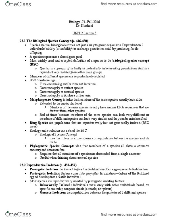 BIOLOGY 171 Lecture Notes - Lecture 11: Sympatric Speciation, Allopatric Speciation, Species Problem thumbnail