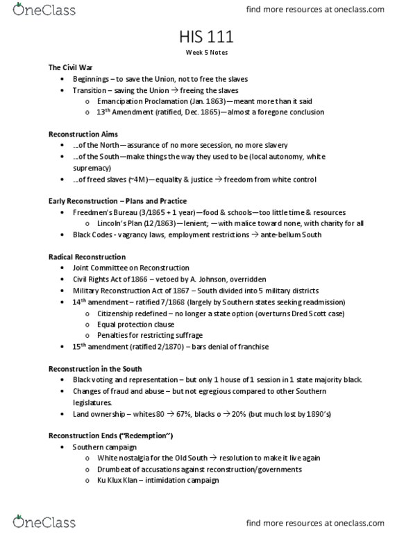 HIS 111 Lecture Notes - Lecture 5: Equal Protection Clause, Emancipation Proclamation, Foregone Conclusion thumbnail