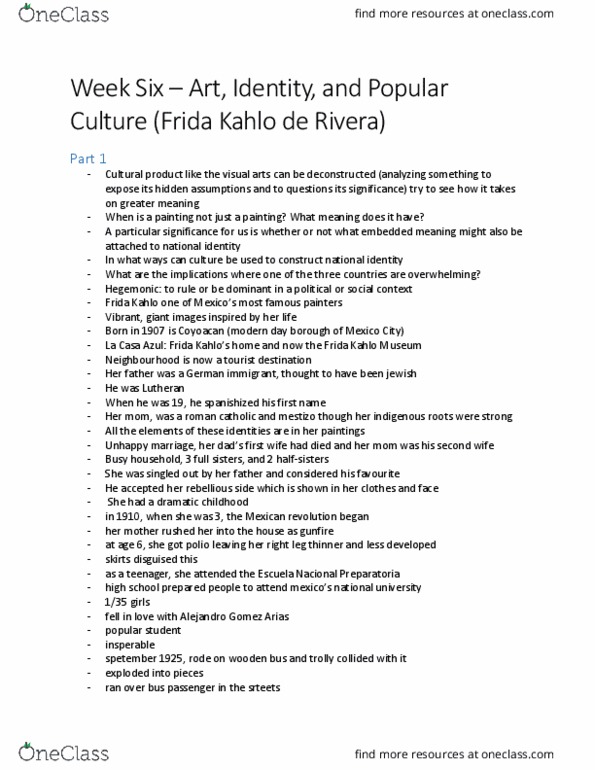 NO105 Lecture Notes - Lecture 6: Frida Kahlo, Escuela Nacional Preparatoria, Isamu Noguchi thumbnail