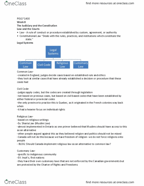 POLS 1400 Lecture Notes - Lecture 9: Constitution Act, 1982, Canadian Human Rights Act, Precedent thumbnail