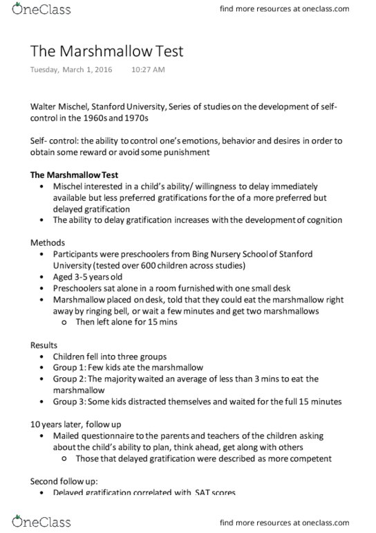 PSYC 191 Lecture Notes - Lecture 10: Walter Mischel, Delayed Gratification, Self-Control thumbnail