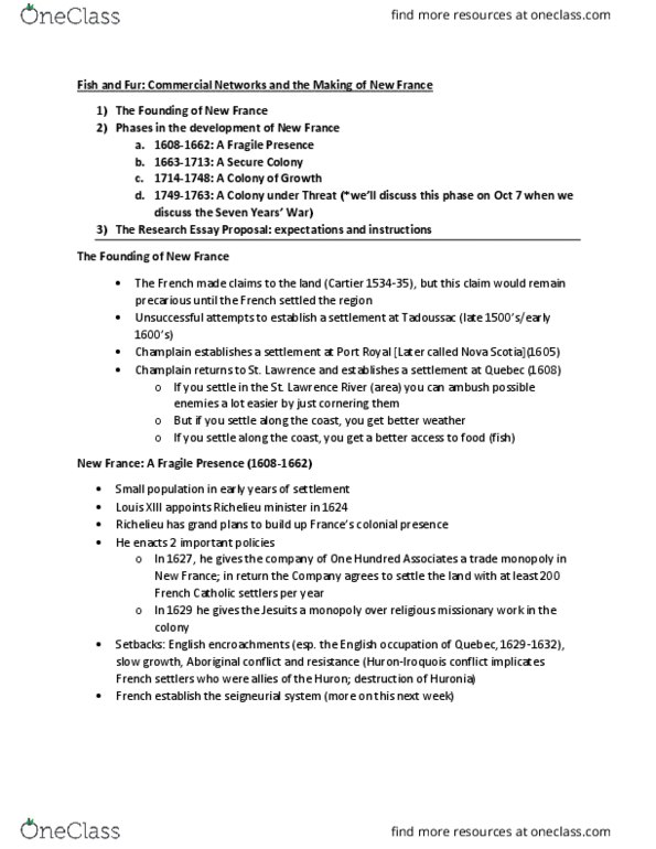 HISB40H3 Lecture Notes - Lecture 2: Seigneurial System Of New France, Royal Aeronautical Society, Kig (Software) thumbnail