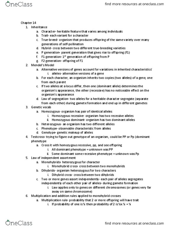 BIL 150 Chapter Notes - Chapter 14: Dihybrid Cross, Mendelian Inheritance, Gamete thumbnail