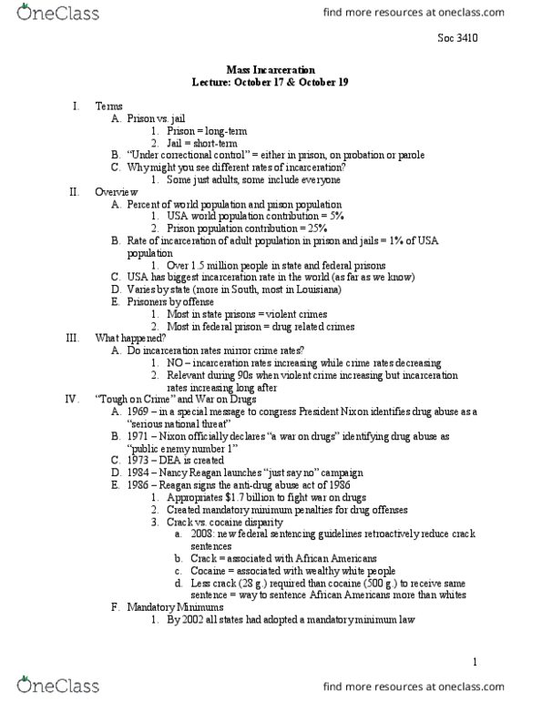 SOCIOL 3410 Lecture Notes - Lecture 9: Ricky Ray Rector, Three-Strikes Law, Nancy Reagan thumbnail