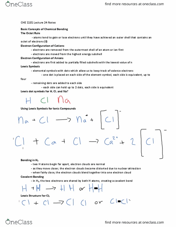 CHE-1101 Lecture Notes - Lecture 24: Atomic Orbital, Ionic Bonding, Sodium Chloride thumbnail