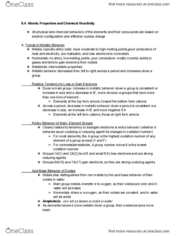 CHE 131 Chapter Notes - Chapter 8: Electron Configuration, Metal, Noble Gas thumbnail