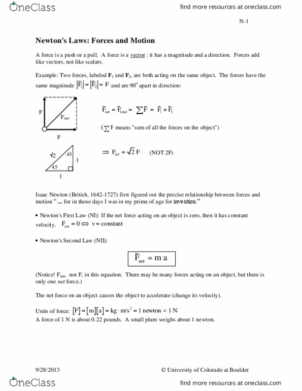 PHYS 1110 Lecture Notes - Lecture 4: Net Force, English Units, Kilogram thumbnail