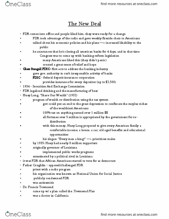 HISTORY 373 Lecture Notes - Lecture 10: Federal Deposit Insurance Corporation, U.S. Securities And Exchange Commission, Fireside Chats thumbnail