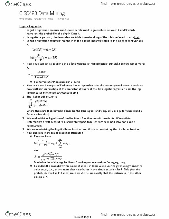CISC483 Lecture Notes - Lecture 22: Logistic Regression, Data Mining, Likelihood Function thumbnail