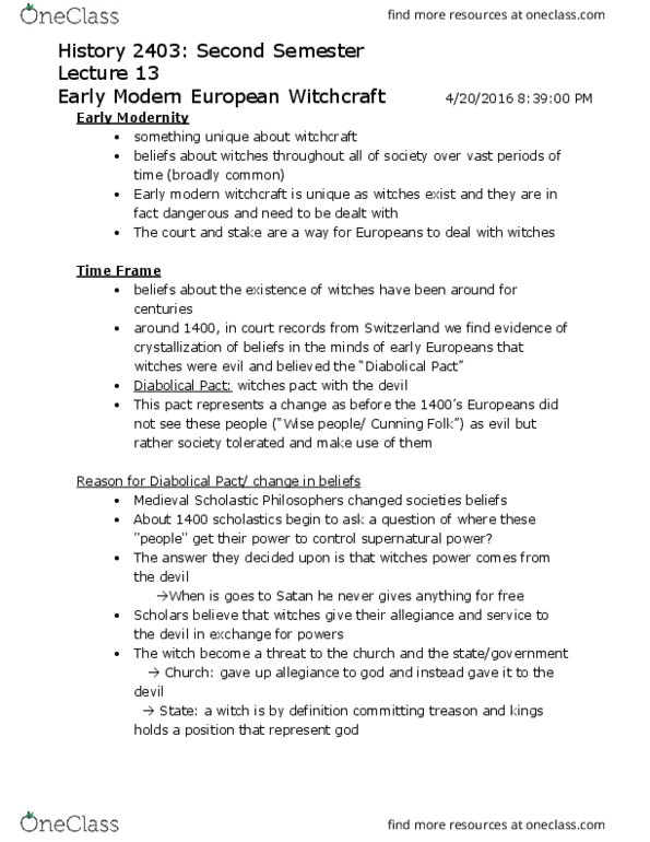 History 2403E Lecture Notes - Lecture 13: Deal With The Devil, European Witchcraft, Andrea Dworkin thumbnail