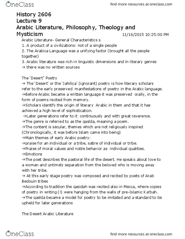 History 2606E Lecture Notes - Lecture 9: Early Islamic Philosophy, Islamic Philosophy, Avicenna thumbnail