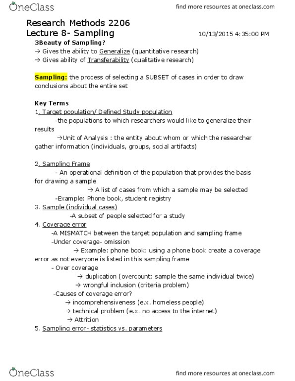 Sociology 2206A/B Lecture Notes - Lecture 8: Sampling Frame, Statistical Parameter, Sampling Error thumbnail