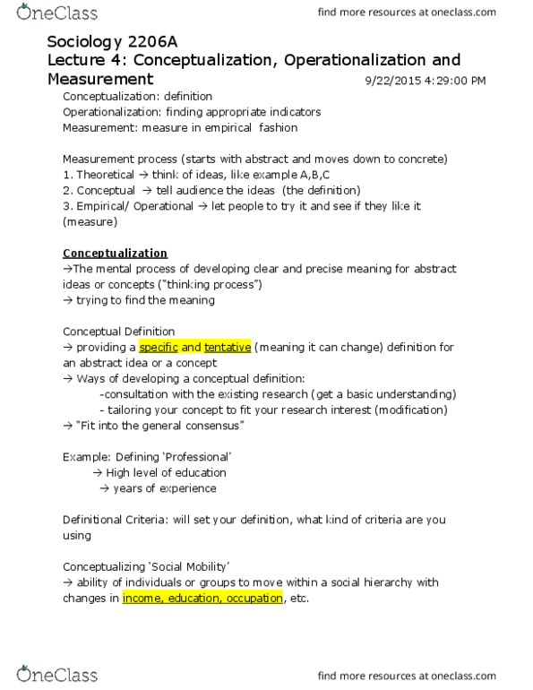 Sociology 2206A/B Lecture Notes - Lecture 4: Theoretical Definition, Socioeconomic Status, Operationalization thumbnail