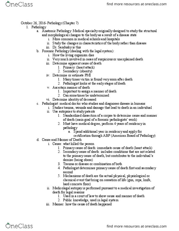 Forensic and Investigative Science FIS 20500 Lecture Notes - Lecture 1: Forensic Pathology, Anatomical Pathology, Medical Examiner thumbnail