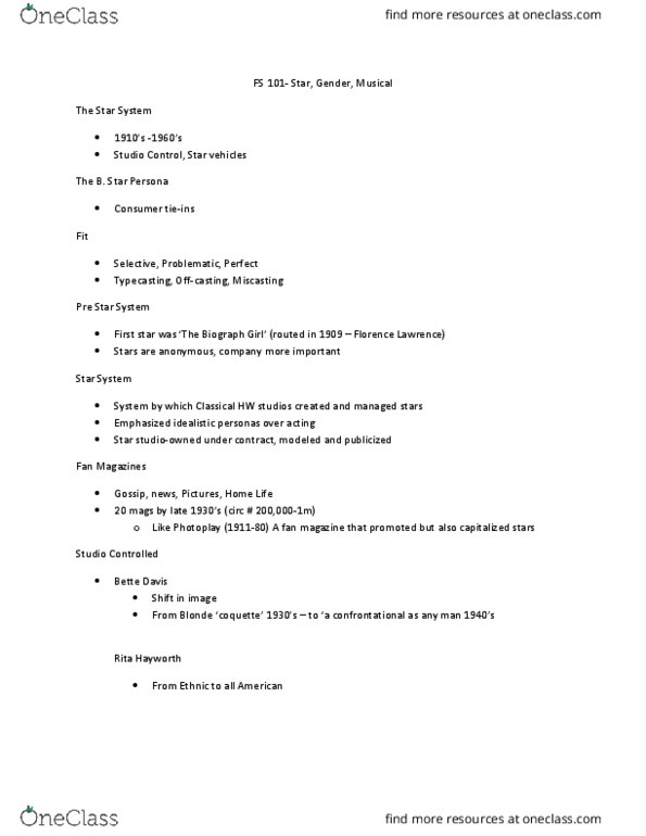 FS103 Lecture Notes - Lecture 3: Rita Hayworth, Bankable Star, Bette Davis thumbnail