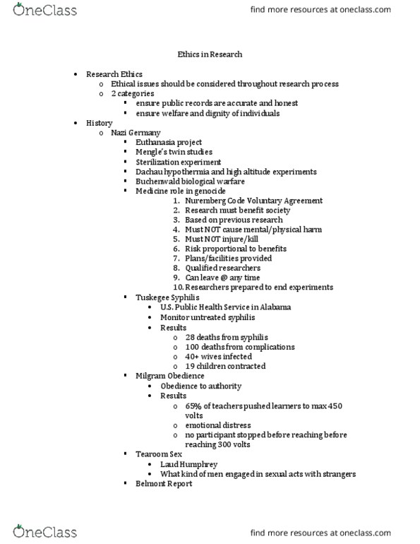 PSYC 2300 Lecture Notes - Lecture 8: Belmont Report, Nuremberg Code, Biological Warfare thumbnail