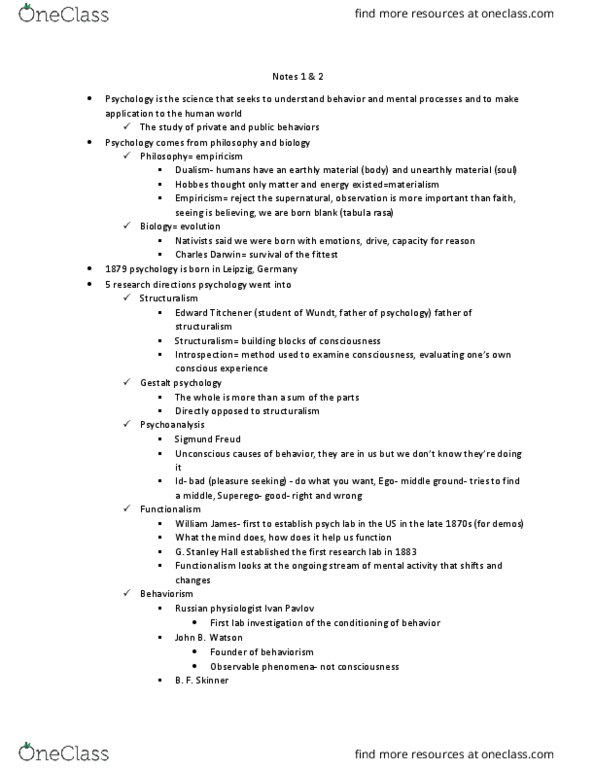 PY - Psychology PY 100L Lecture Notes - Lecture 1: Tabula Rasa, Edward B. Titchener, Abraham Maslow thumbnail