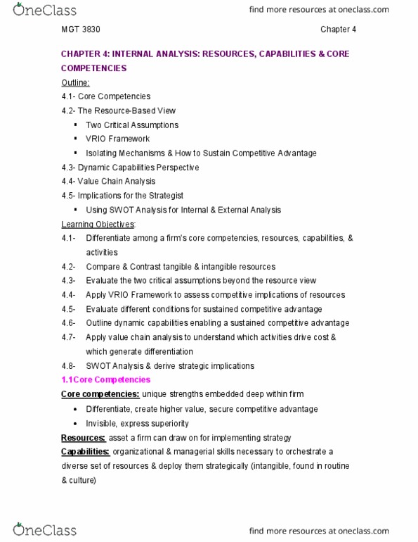 MGT 3830 Chapter Notes - Chapter 4: Dynamic Capabilities, Swot Analysis, Competitive Advantage thumbnail