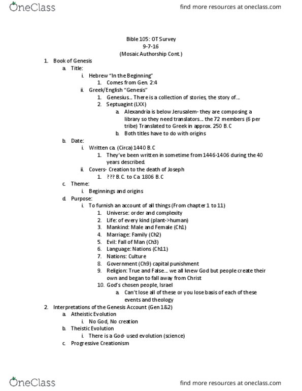 BIBL 105 Lecture Notes - Lecture 4: Mosaic Authorship, Septuagint, Special Creation thumbnail