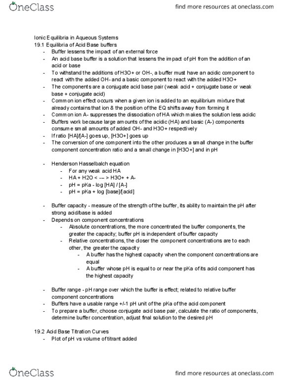 CHEM 1062 Chapter Notes - Chapter 19.1-3: Buffer Solution, Conjugate Acid, Titration Curve thumbnail