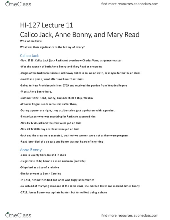 HI127 Lecture Notes - Lecture 11: Calico Jack, Anne Bonny, Mary Read thumbnail