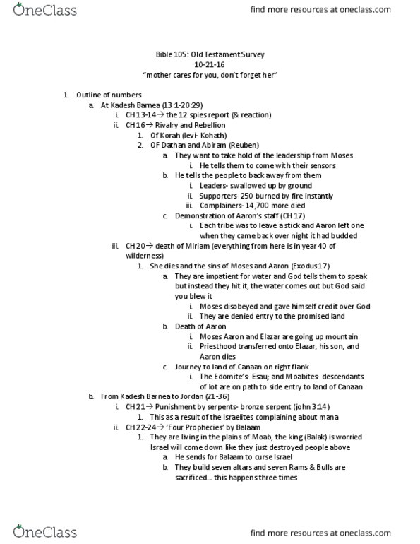 BIBL 105 Lecture Notes - Lecture 14: Kehath, Abiram, Korah thumbnail