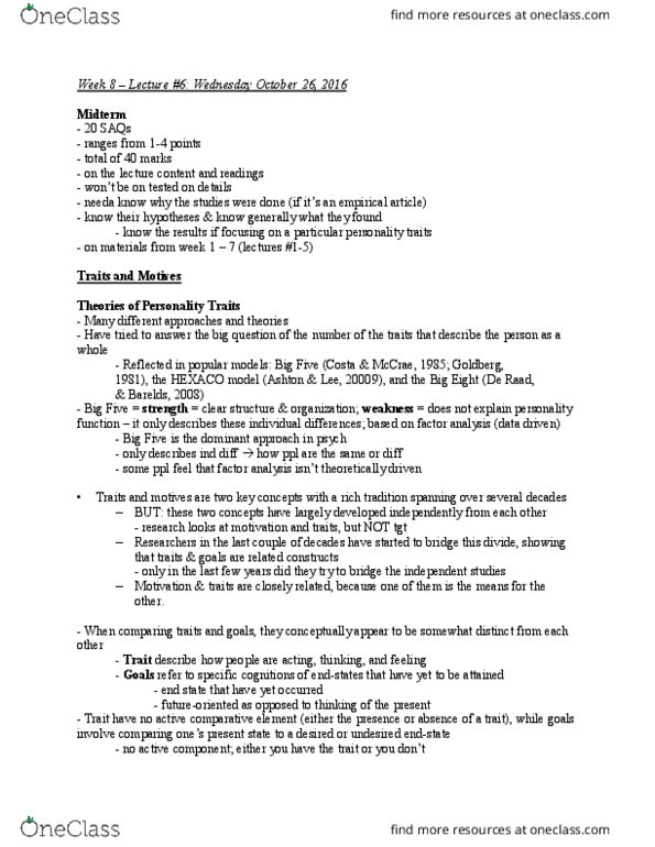 PSYC35H3 Lecture Notes - Lecture 6: Hexaco Model Of Personality Structure, Trait Theory, Factor Analysis thumbnail