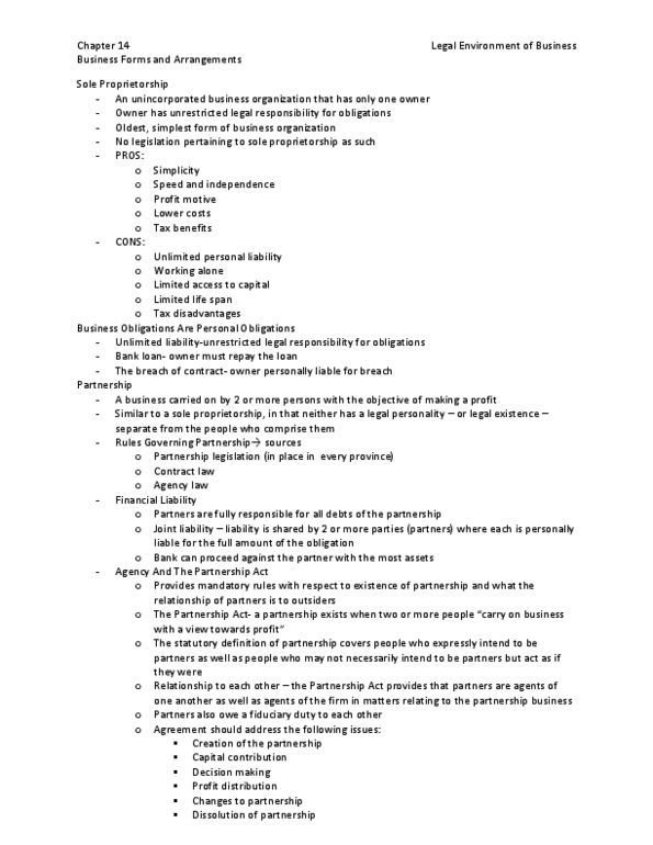 BUSI 3705U Chapter Notes - Chapter 14: Legal Personality, Decision-Making, Limited Liability Partnership thumbnail