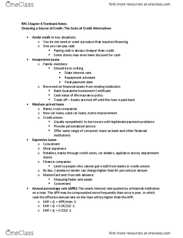 Financial Services _Ã‡Ã´ Client Services RFC121 Chapter Notes - Chapter 6: Annual Percentage Rate, Effective Interest Rate, Payment Protection Insurance thumbnail